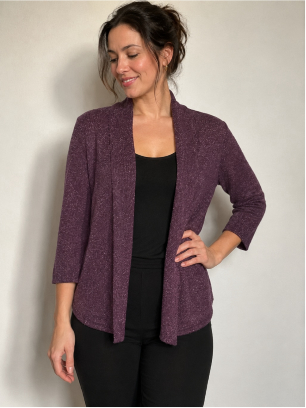 Jana Sparkly Plum Metallic Knit Open Front Cardigan Sweater Size M - EUC